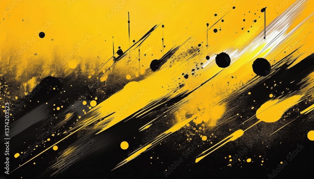 Poster dynamic abstract yellow and black paint splatter with diagonal motion effect, perfect for modern background and creative designs

