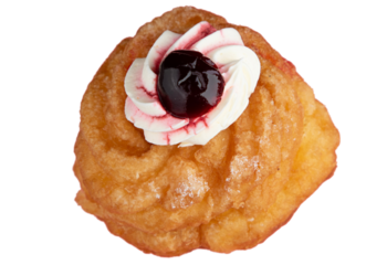 Delicious Italian Zeppole pastry with choux dough, filled with whipped cream and custard. Two-tiered design topped with half a cherry and a drop of jam, on a transparent background.
