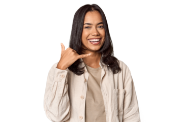 Portrait of a young Filipino woman showing a mobile phone call gesture with fingers.