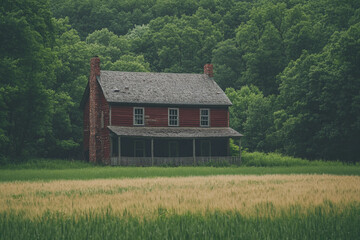 Obraz premium Old farmhouse nestled in dense forest surrounded by vibrant greenery and open fields