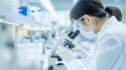 研究室（実験室）で顕微鏡を覗く白衣の女性研究員