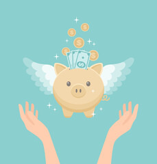 Raised hands with a winged golden piggy bank filled with banknotes and coins above them. Flat vector illustration