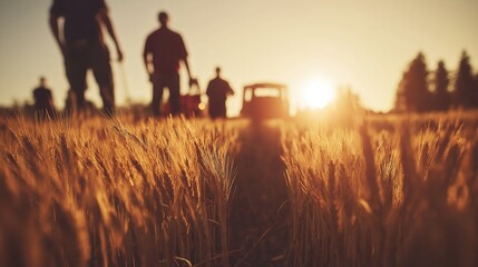 Fototapeta premium Farmers Harvest Wheat at Sunset in a Golden Field, Connecting With Nature's Beauty