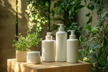 product photography mockups of various skincare essences white shampoo, cream, serum, oil,  containers set on a wooden podium in the gradient herbal background. mockup 