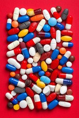 Bright colorful capsules scattered on vivid red background symbolizing pharmaceutical energy boost modern treatment and health fusion aesthetics in medicine supplement image design