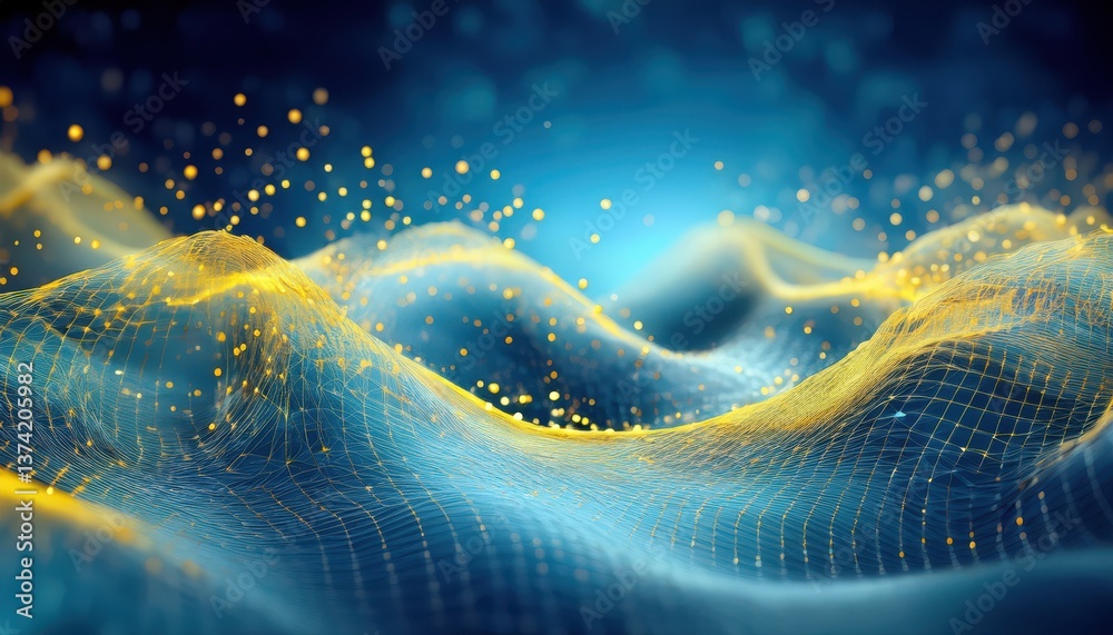 Poster abstract digital landscape with golden mesh wave and glowing particles, futuristic data visualizatio