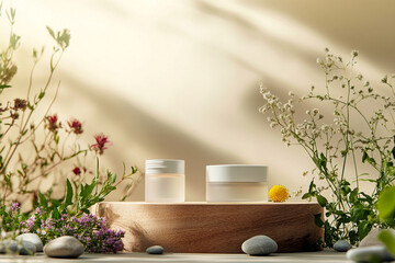 product photography mockups of various skincare essences white shampoo, cream, serum, oil,  containers set on a wooden podium in the gradient herbal background. mockup 