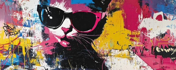 Tableau sur plexiglas  A vibrant street art piece featuring a cat wearing sunglasses, with a colorful abstract background and a mix of graffiti elements.  © Ant