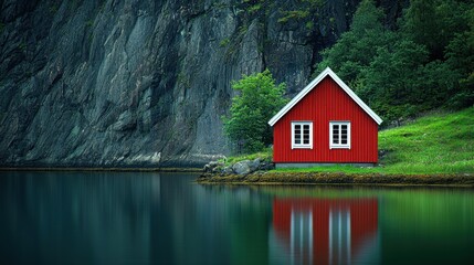 Fototapeta premium A serene red house beside a calm lake, surrounded by rocky cliffs and lush greenery, reflecting beautifully on the water's surface.