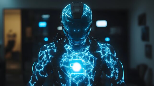 39. A futuristic exosuit powered by a pulsating blue energy core