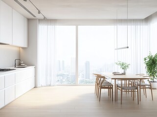 Obraz premium Minimalistic interior of a modern apartment with a kitchen and dining table, a white wall for mockup or copy space