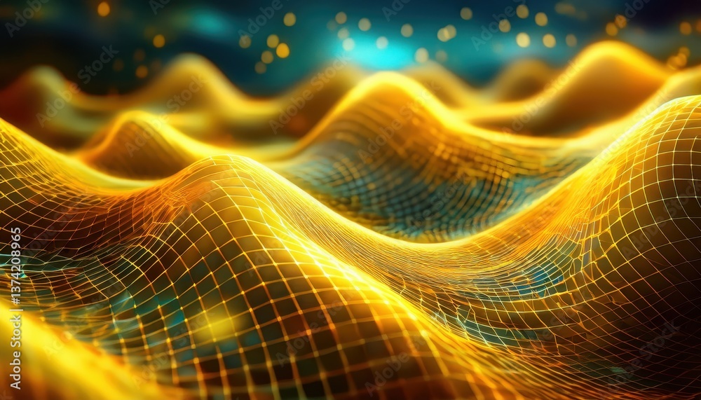 Poster golden wave mesh landscape in digital art for tech branding, glowing futuristic design with 3d graph