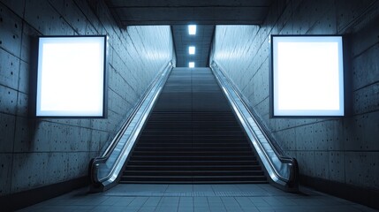 Fototapeta premium Illuminated billboards flank a staircase leading upward in an underpass