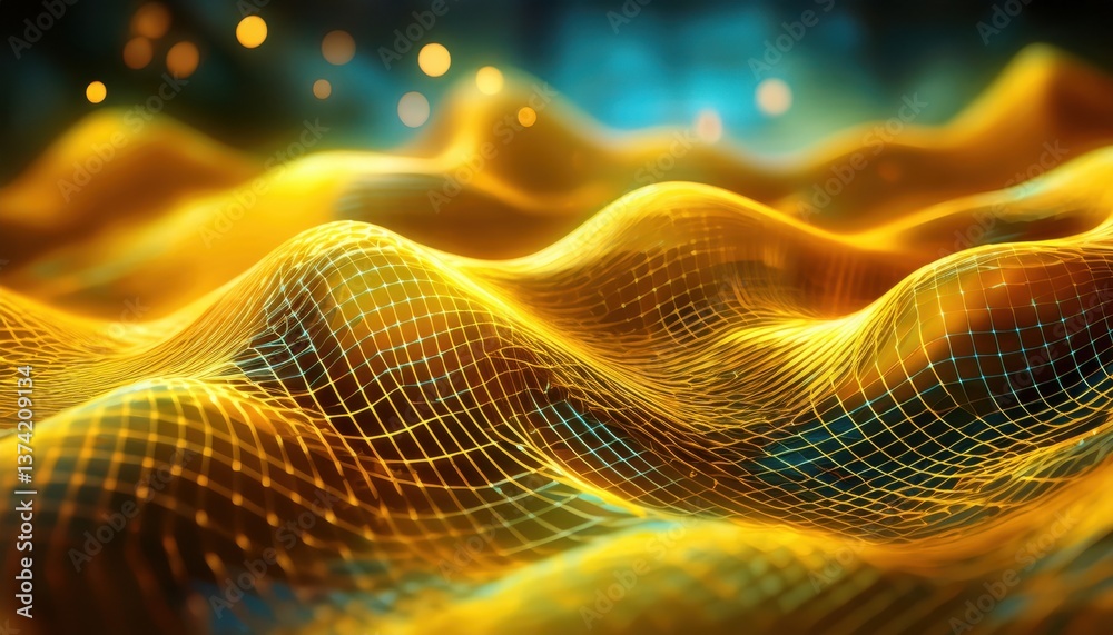 Aufkleber golden wave mesh landscape in digital art for tech branding, glowing futuristic design with 3d graphic depth