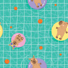 Seamless vector pattern with cute capybaras on pool floats. Летний дизайн for textile, wallpaper or nursery print design.