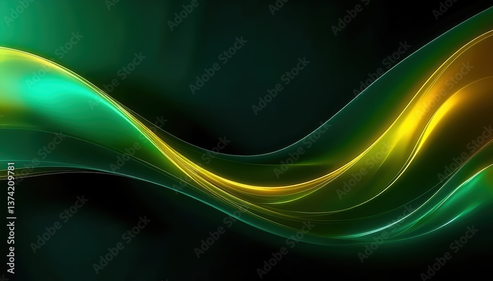 Poster vibrant green and yellow abstract wave with fluid light streaks on a dark background, perfect for di