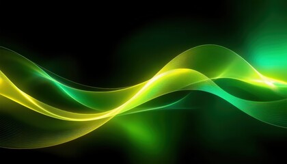 Naklejka premium abstract green and yellow flowing wave on black background, modern digital energy concept, ideal for tech design and branding