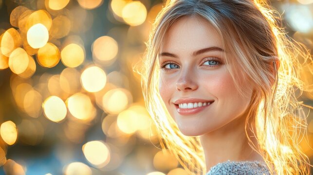 A smiling woman with long hair is illuminated by warm, golden bokeh lights, creating a joyful and vibrant atmosphere.