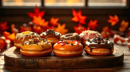Donuts with various colors, textures, and toppings.