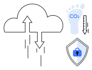 Cloud with arrows indicating data exchange, carbon footprint symbol, decreasing thermometer, and shield with lock. Ideal for concepts of cloud computing, data security, sustainability, environmental