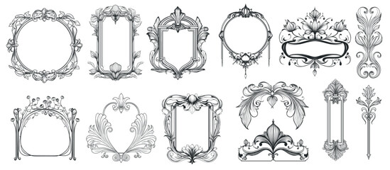 Art nouveau frames. Decorative hand drawn vintage ornate borders and elements for wedding invitation set vector illustration