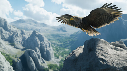 eagle flying in the mountain forest with blue sky view