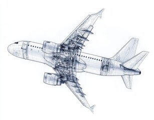 X-ray style airplane with detailed internal structure, on a white background