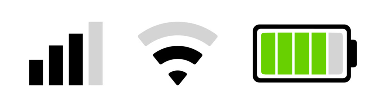 Mobile interface top bar icon set. iPhone ios notification bar includes: battery, wifi, signal icons