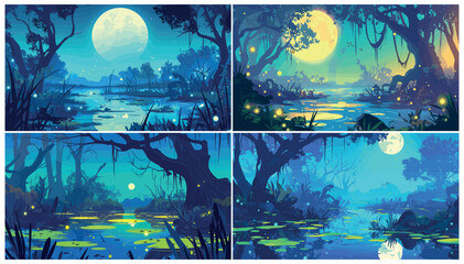 Obraz premium Swamp forest. Cartoon night marsh landscape with trees bog grass fireflies moon vector illustration