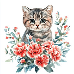 Cute Kitten with Flowers: A charming kitten with striking eyes is surrounded by a vibrant bouquet of flowers, combining elements of nature and adorable animal imagery.