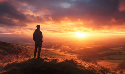 Man watching from the top of the mountain, traveler, sunset, dusk, outdoor sports, explorers, travelers, clouds, sun, backlight, sun, business, off-road, advertising, posters, wallpaper, base map