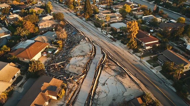 Aerial view of a city with roads split apart due to a fault line rupture 