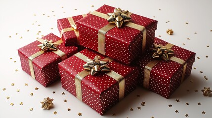 Obraz premium Stacked 3D - rendered gift boxes with red and gold color scheme on a white background. The simple - detailed boxes create a static and rich - colored composition, offering a visually appealing view.