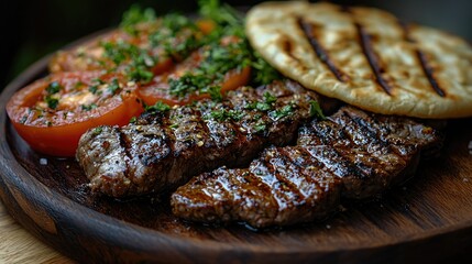 Fototapeta premium Grilled steak with tomatoes and bread served on a wooden platter