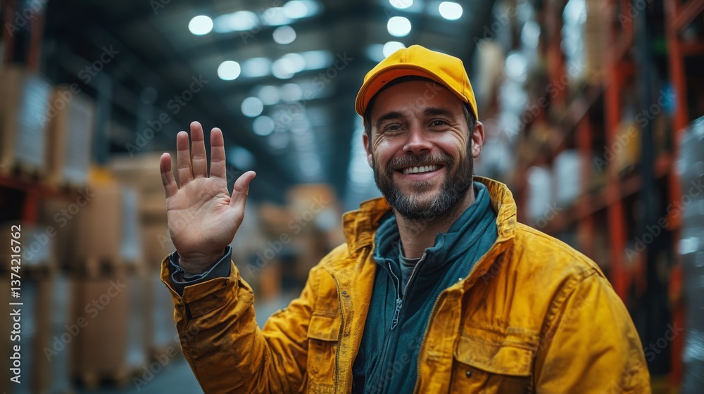 Poster a friendly warehouse worker in a bright jacket and cap waves cheerfully in a large distribution cent