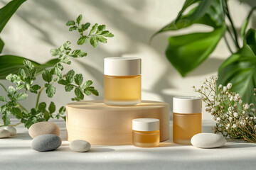product photography mockups of various skincare essences transparent shampoo, cream, serum, oil,  containers set on a wooden podium in the gradient herbal background. mockup 