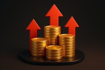 Ascending Coins: Gold coin stacks paired with dynamic red arrows on a dark backdrop, a symbolic representation of financial prosperity and market growth. 