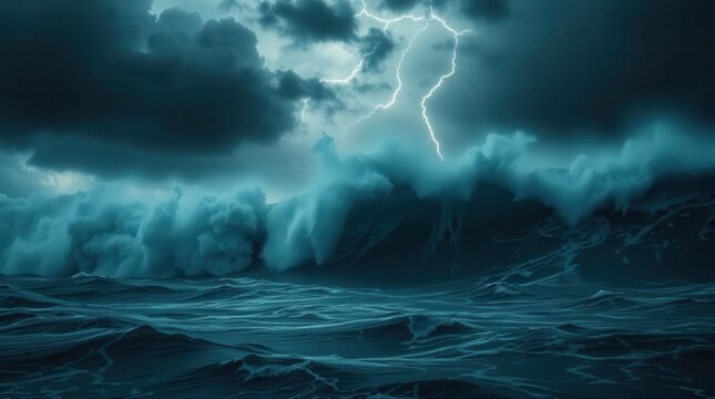  Dramatic Stormy Ocean with Giant Waves and Lightning,stormy ocean, giant waves, lightning storm, dark clouds, rough sea, 
