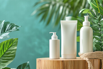 product photography mockups of various skincare essences white shampoo, cream, serum, oil,  containers set on a wooden podium in the gradient herbal background. mockup 