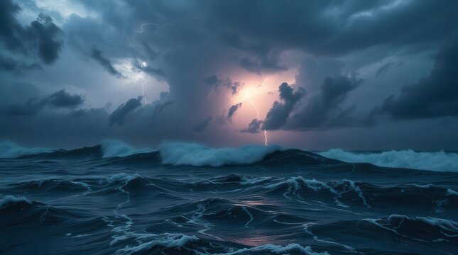  Dramatic Stormy Ocean with Giant Waves and Lightning,stormy ocean, giant waves, lightning storm, dark clouds, rough sea, 
