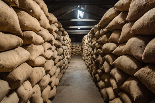 Burlap sacks containing agricultural products are neatly stacked in a warehouse, awaiting distribution, highlighting organized storage in the food supply chain
