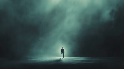 Solitary Figure in Spotlight, Isolation and Introspection, Loneliness in Vast Darkness