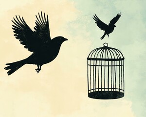 Fototapeta premium Freedom vs. Restriction, One Bird Flying While Another Stays Caged, Concept of Emotional and Physical Limits