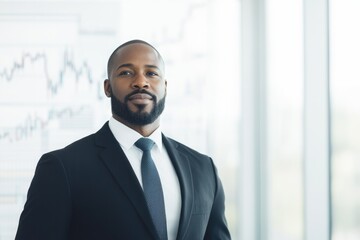 Fototapeta premium contemplative black professional in corporate attire stands confidently in office setting with financial charts in