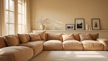 Living room exudes warmth and comfort with it soft beige tones