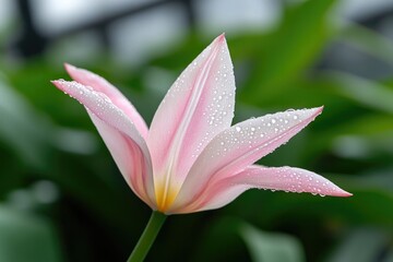 Fototapeta premium delicate dewdrop-laden tulip petal veined with gradients of pink and white under natural morning light