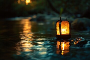 Vintage Lantern Glowing on a Flowing River at Dusk with Warm Reflections
