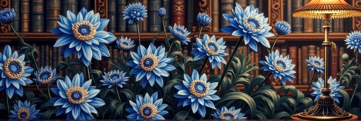 Blue flowers blooming in luxurious library setting with warm lighting