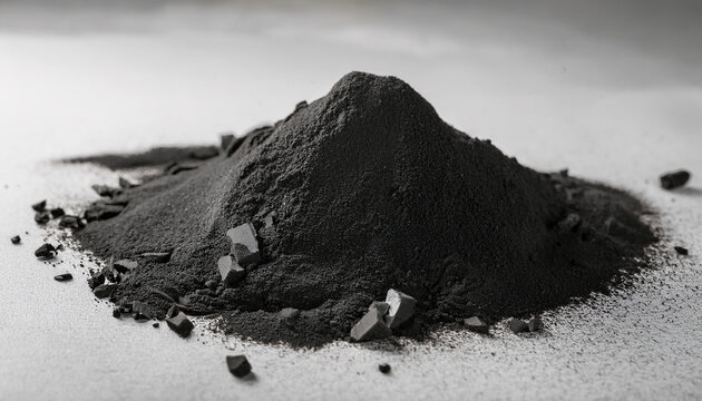 Pile of activated charcoal powder on cement table. Healthy supplement food.