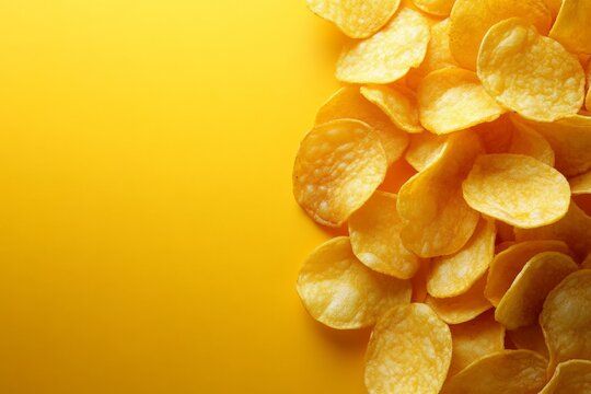 Crispy potato chips cascading on a bright yellow backdrop, creating a visually appealing border with ample copy space